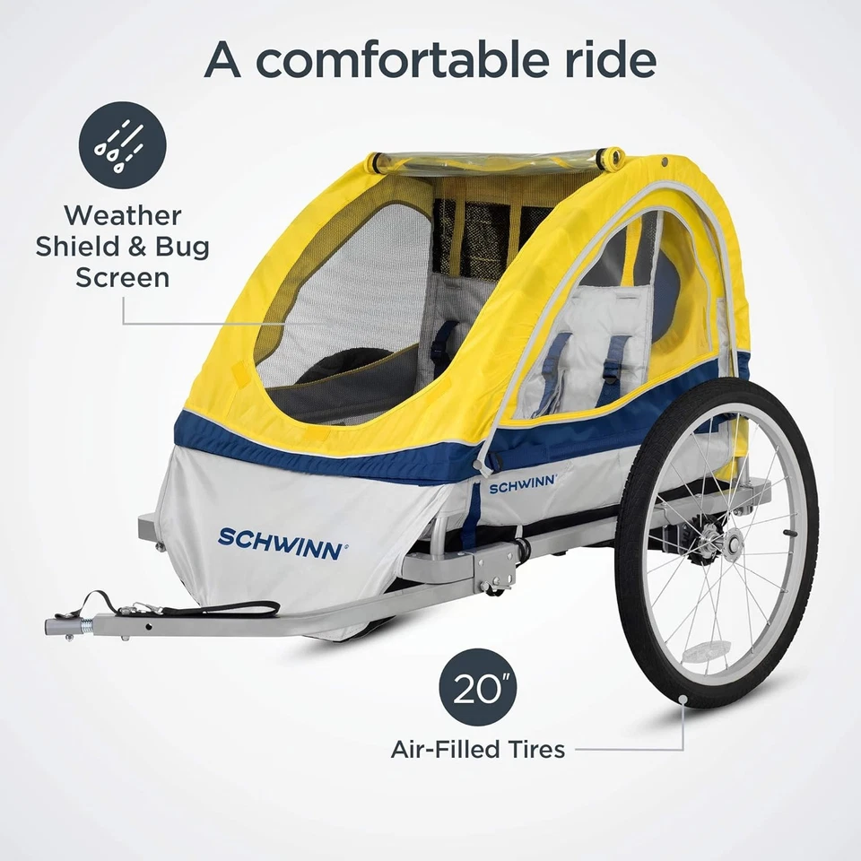 Remolque doble para bicicletas Schwinn Echo para niños 2 asientos con pantalla contra insectos y protector contra la lluvia NUEVO Foto 4 de 4