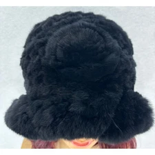 Surell Black Rex Rabbit Fur Bucket Hat Warm Winter Fashion Vintage Retro Glam