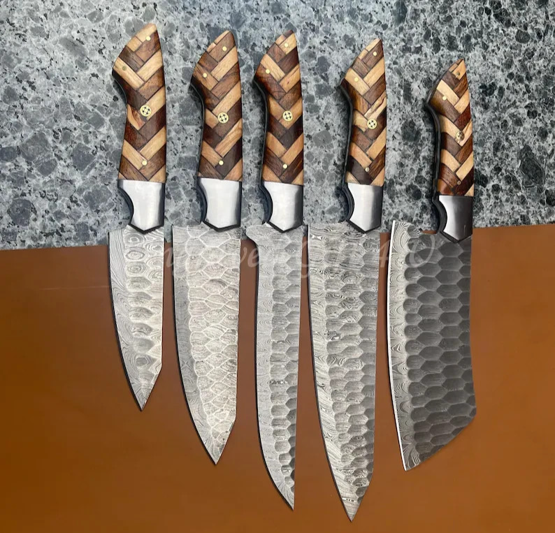 Damascus Chef Knife Set 5-5 Piece Leather Roll