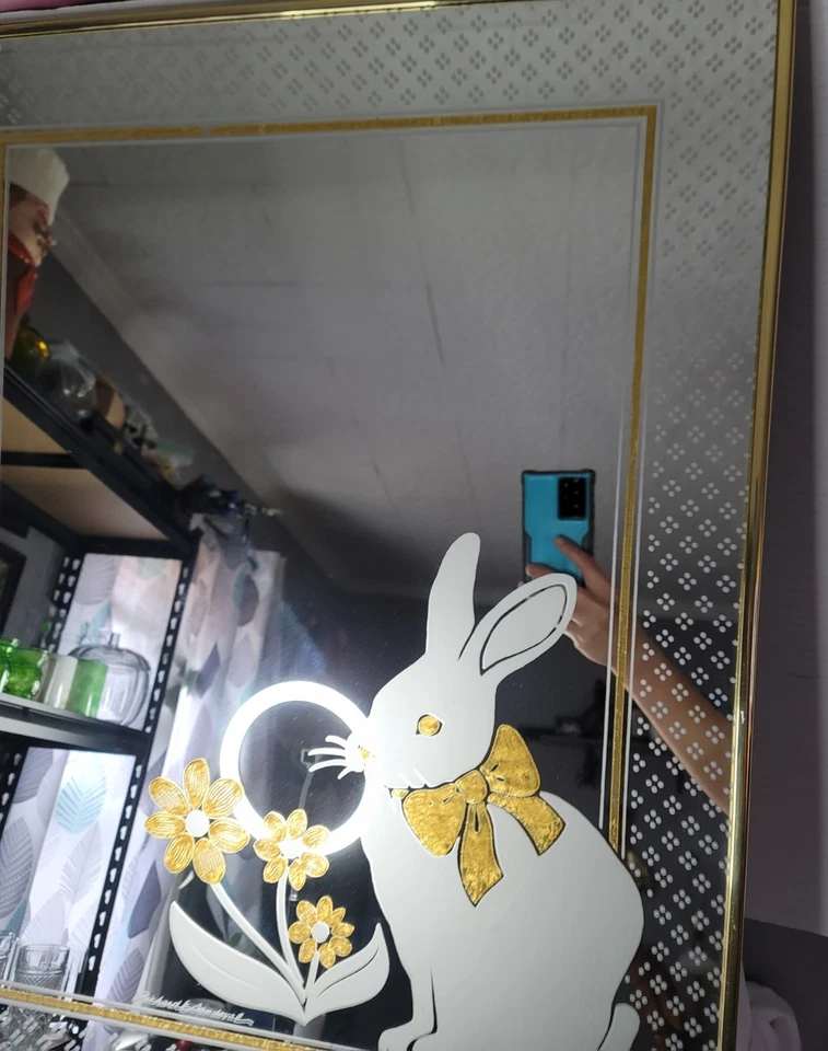 Cottagecore Vintage Rabbit & Flower Etched Mirror Signed by Richard Sandoval - Image 4 of 4