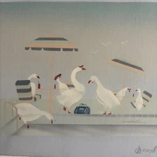 Geese Pool Scene Airbrush Canvas Signed Woodville 12.75x10.5 Unframed Cottage