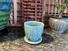 McCoy Sand Dollar Planter attached saucer, Vintage Soft Turquoise DAMAGED
