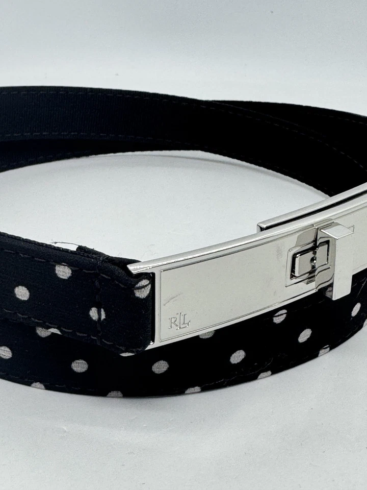 RALPH LAUREN Turn Lock Tela Lunares Mujer Cinturón Delgado - GRANDE - Negro/Blanco Foto 3 de 4