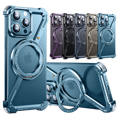 for iPhone 15 14 13 Pro Max Metal Frameless Z Case Aluminum Bumper Kickstand