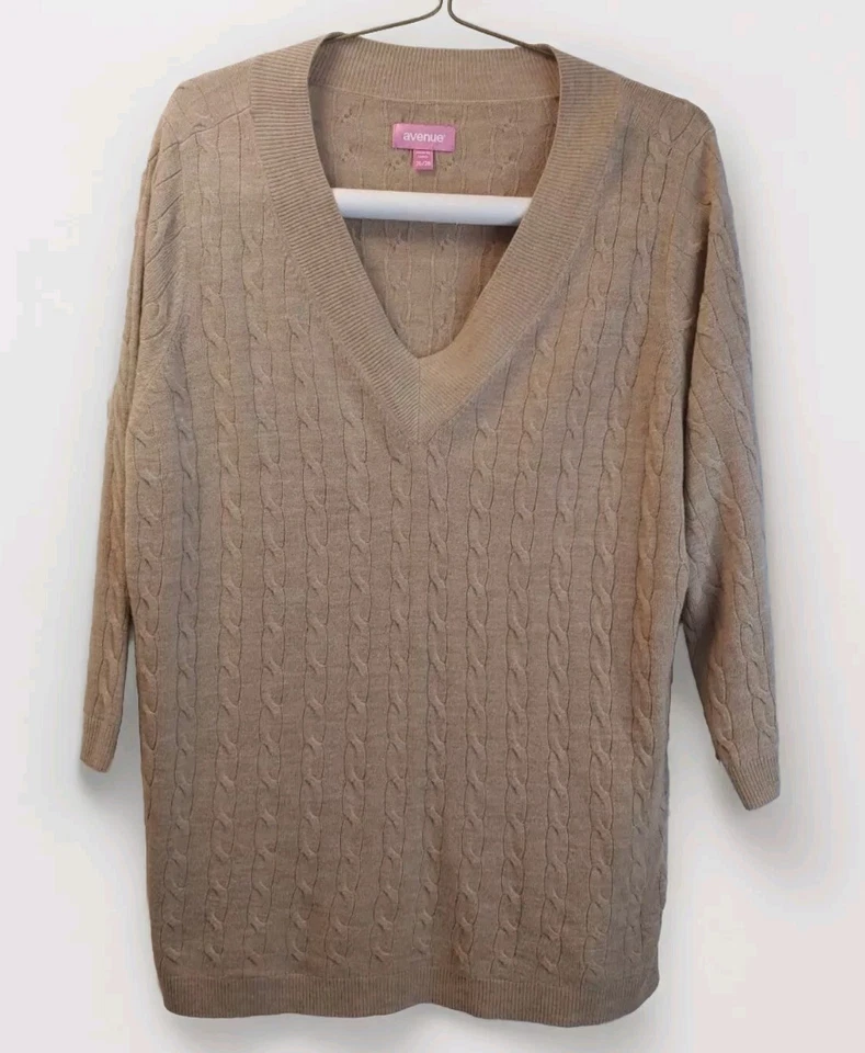 Avenue Sweater Top Woman Plus 26W 28W 4X 5X Mushroom Brown Cable Knit Minimalist - Image 2 of 4