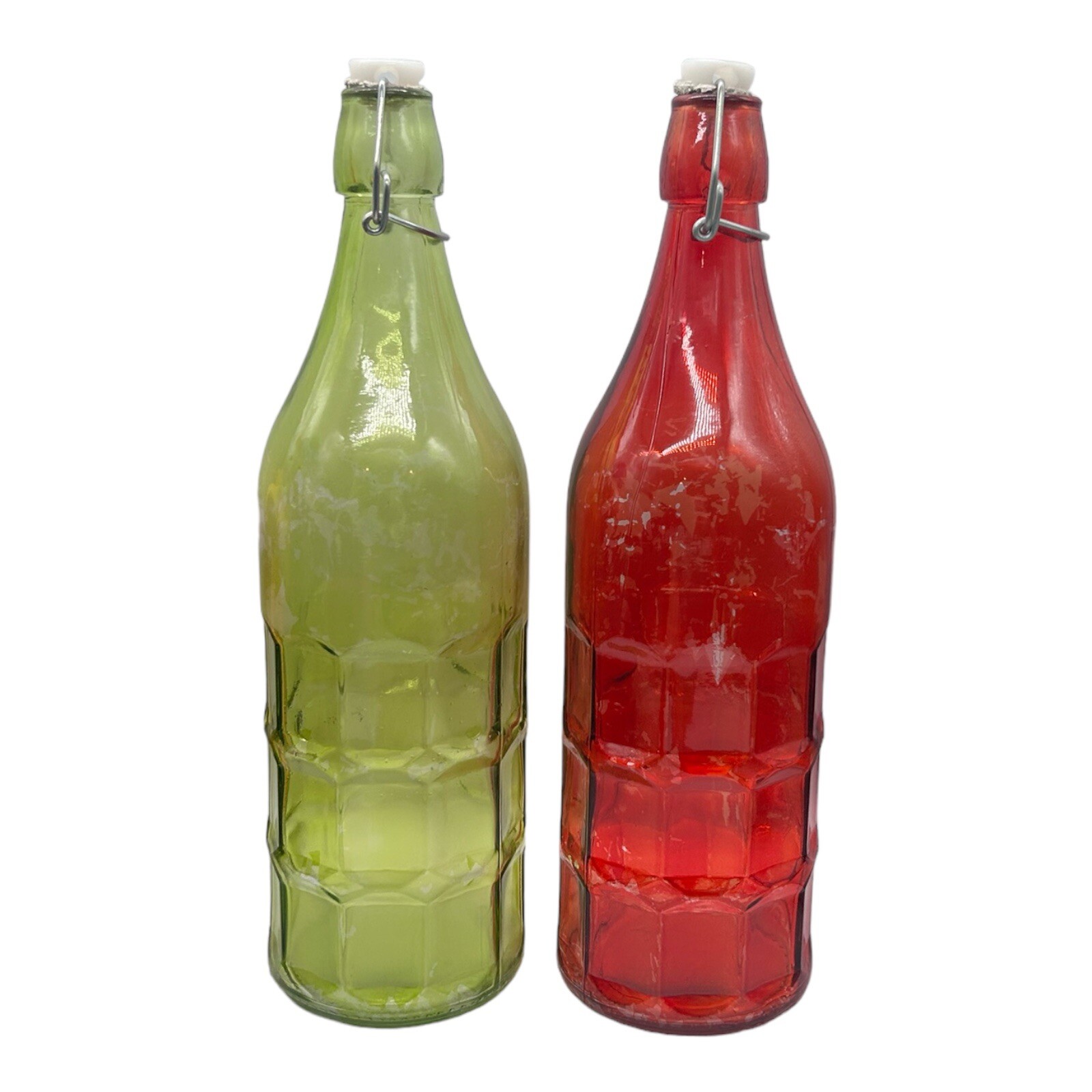 Set of 2 Vintage Glass Decorative Bottle Red & Green Raised Square Design 12"