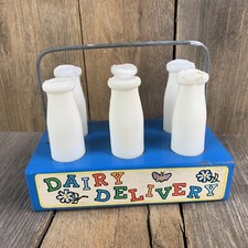 Vintage Wooden Childs Toy Milk Carrier W/ 6 Plastic Milk Bottles Dairy Delivery