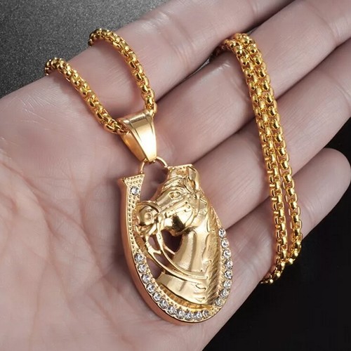 Damenmode Schmuck Plattiert Gold Pferd Hufeisen Anhänger Halskette - Bild 5 von 6
