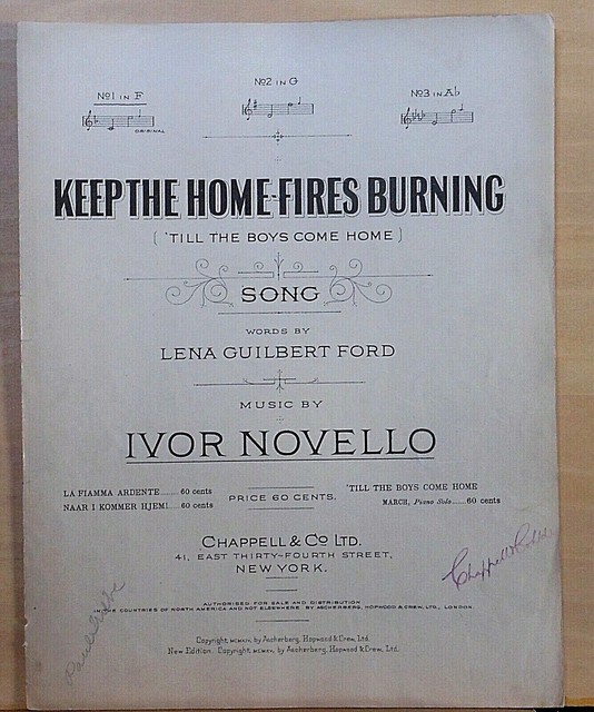 Keep The Home Fires Burning 1916 large sheet music No.1 Key of F