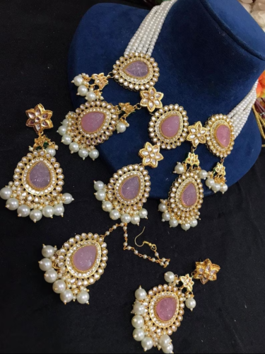 Pierre de couleur rose avec collier blanc moti kundan ensemble de bijoux indiens - Photo 1/1