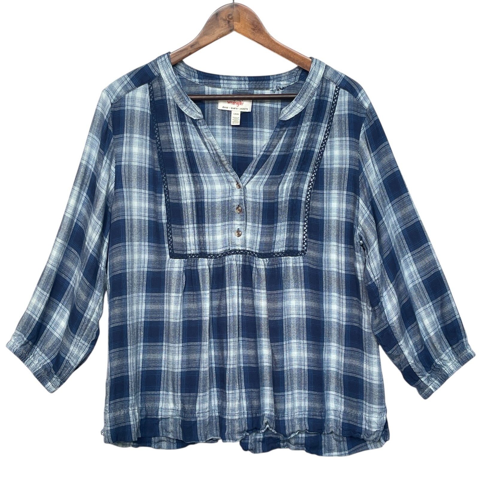 Wrangler Women Plaid Blouse Size L Blue Henley Peasant Top 3/4 Sleeve Boho