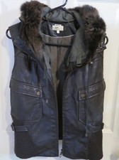 Women’s June Nordstrom Brown Leather Vest Fur Trim Removable Hood Silk Lined Xs