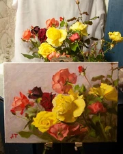 13x18 Original Oil on Canvas Painting: Roses Still Life, Flowers Bouquet A. Tonu