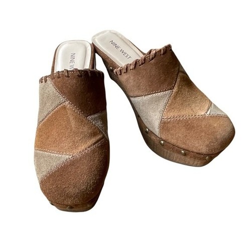 Nine West Peaced4 Brown Leather Patchwork Clog Womans Size 7 Chunky Y2K  Mule | eBay