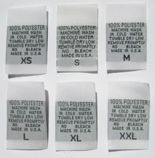 100 pcs WOVEN CLOTHING CARE LABEL SIZE TAG, 100% POLYESTER - XS S M L XL XXL
