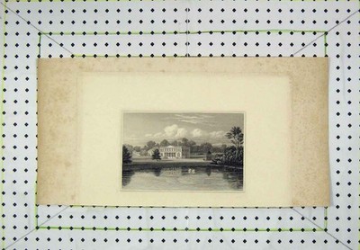 Original alter antiker Druck großes Herrenhaus Haus Schwanensee Land