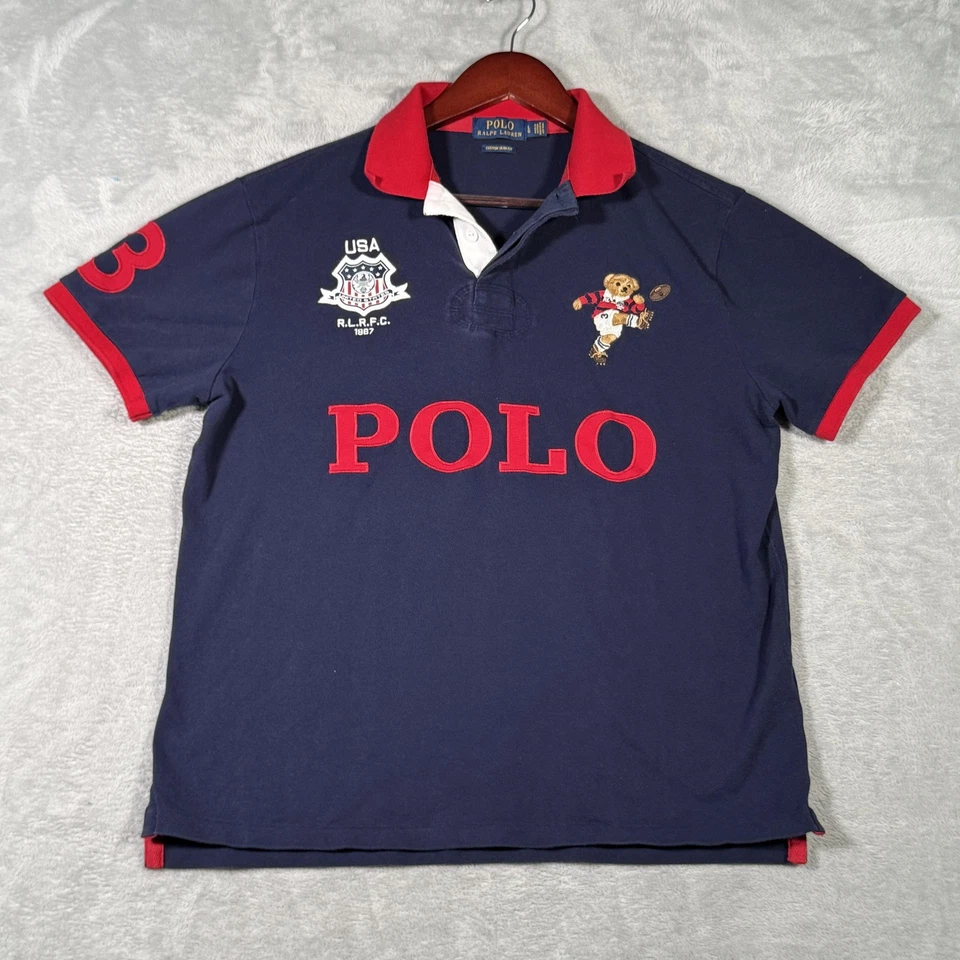 Ralph Lauren Polo Shirt Mens L Blue Custom Slim Fit Rugby Kicker Bear USA Flag - Image 3 of 4