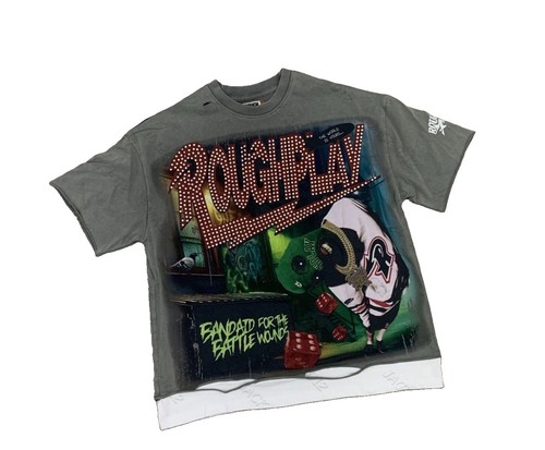 Rough Play Designer Vintage Oversized Men's Graphic Cotton T-Shirt Gray Size S