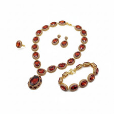 Parure Donna Shelly Rosso Rubino Cristalli Dorati 4 Pezzi Vintage Elegante