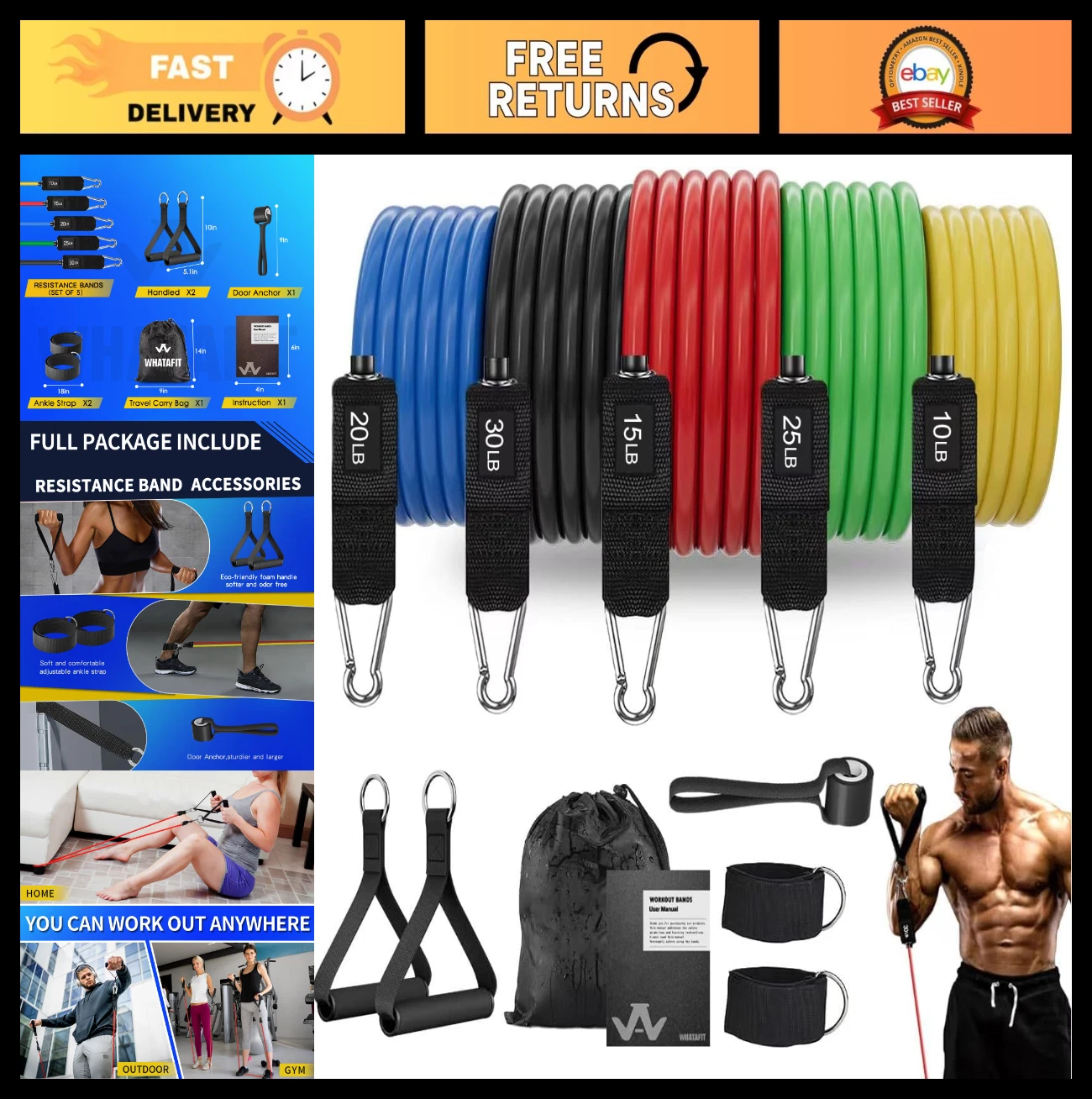 Resistance Bands Set with Handles - Home Gym Exercise Bands, Door Anchor & Ankle