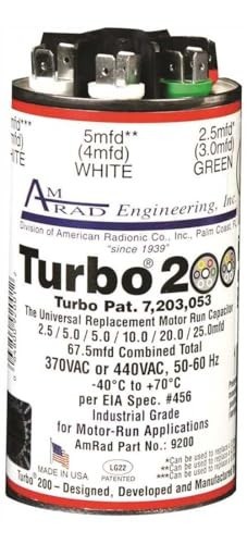 Motor Run Capacitor, 200 Microfarad, 440 Volts, Round, Metal