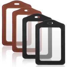 Yuanchu 4 Pcs Leather ID Badge Holders, Vertical Double-Sided Black, Brown