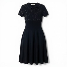 Valentino Women's Ribbon Beaded Embroidery Stretch Knee Dress Black S