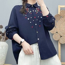 Breathable Cotton embroidered flower long sleeve shirt women button up blouse  ML