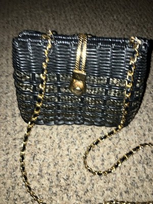 Vtg Handbag Woven Plastic Wicker Leather Black Gold Chain
