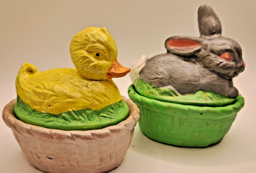 Vintage Ceramic Duck Bunny on Nest Basket Covered Trinket Spring Decor Lot Set