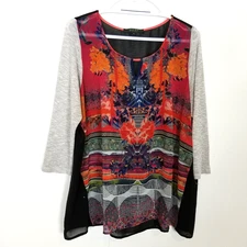 Poeme by Citron Women Silk Blend Artsy Printed Blouse Top Sz XL Multicolor Boho