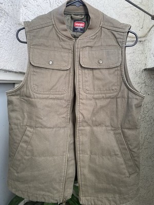 Wrangler Workwear Vest Light Brown Full Zip Quilted Flap Pockets Canvas Small