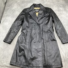 Maxima Wilsons Coat Women Lg Black Leather Double Breast Shiny Crinkle Long Vtg