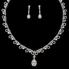White Gold Plated Zirconia CZ Necklace Earrings Bridal Wedding Jewelry Set 00799
