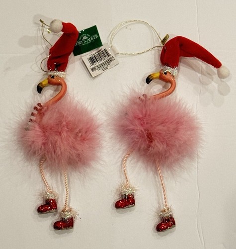 2 KURT ADLER 7.5" FLAMINGO DANGLE LEGS , SCARF & SANTA HAT XMAS ORNAMENTS W6647 - Picture 2 of 4