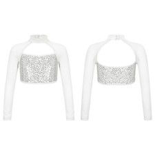 Kids Girls Dance Wear Decorated T-Shirt Stage Performance Crop Top Gymnastics