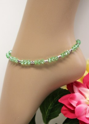 Glass Jewels Silber Fußkettchen Perlen Sommer Grün Länge 26,5 cm #J025