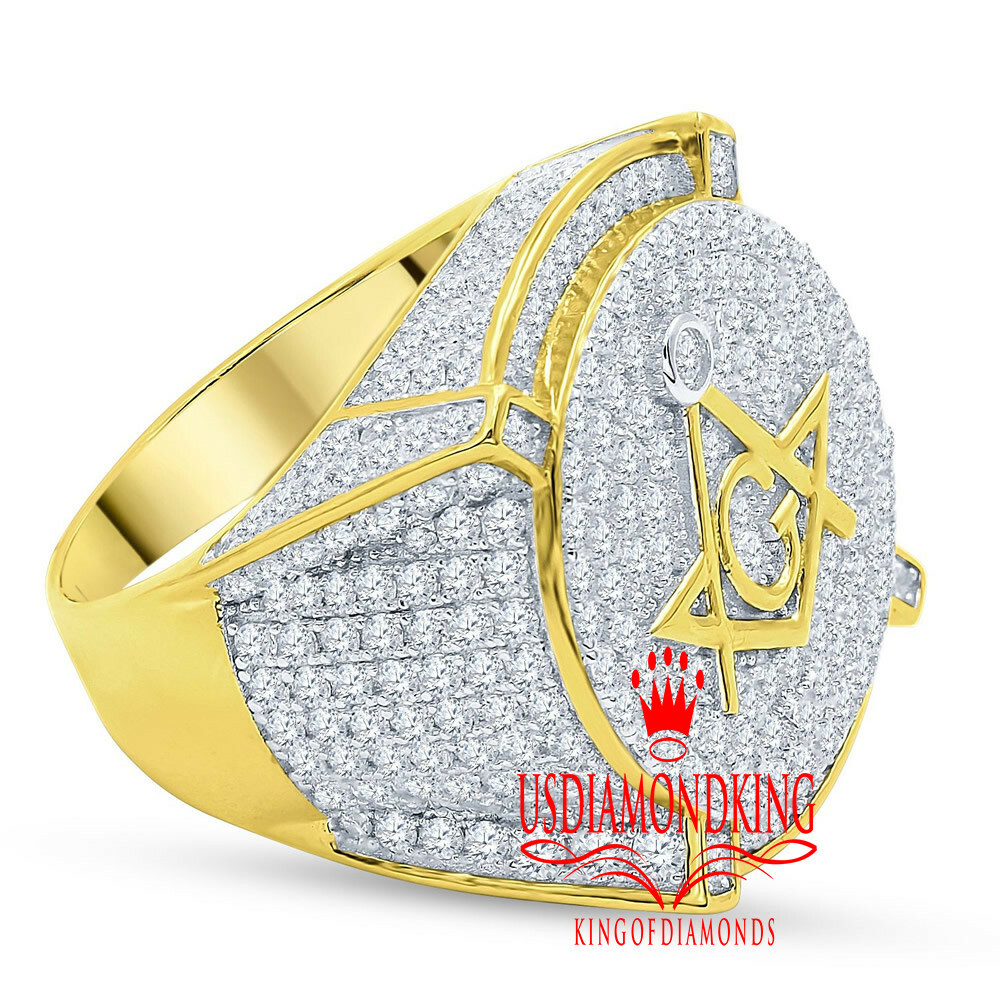 Mens 10K Real Yellow Gold On Pure Silver Masonic Freemason Ring
