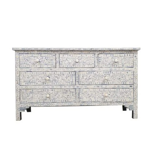 Indian Chest Of Drawer Grey Bone Inlay Dresser Floral Storage Cabinet Organizer