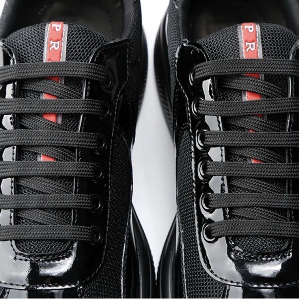 PRADA Black Patent Leather Mesh Low Top Lace Up Athletic Sneakers