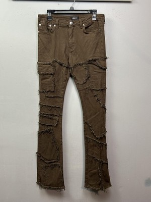 NOVA MEN Jeans Mens 31x35 Chocolate Patchwork Distressed Denim GFL3-CHOCOLATE