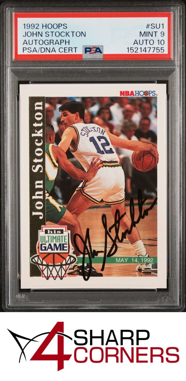 1992 HOOPS AUTOGRAPH #SU1 JOHN STOCKTON HOF PSA 9 DNA AUTO 10 view 1