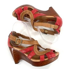 Miz Mooz Petra Red Leather Wood Platform Wedge Heel Sandals Size 7.5