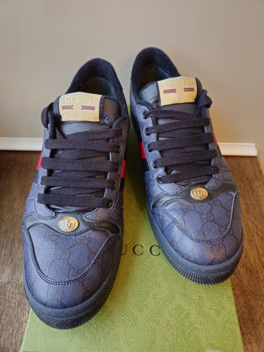 GUCCI GGパターン スニーカー ネイビー Gucci Men's Screener GG Navy Blue Leather Canvas Sneakers Men's