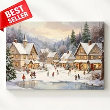 Canvas Wall Art Winter Festive Skating Pond Storybook Holiday Scene What Joy