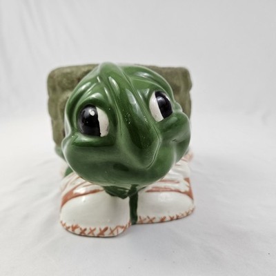 Vintage Ceramic Turtle Planter Wearing Sneakers Tennis Shoes MCM Retro 1970's