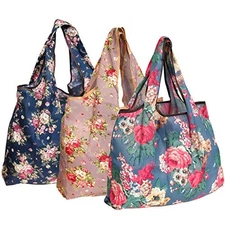 alldyrew Foldable Tote Nylon Reusable Grocery Bag, 3 Pack Large Classic Floral