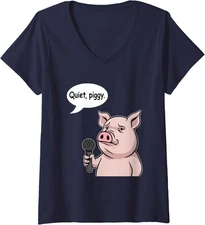 Quiet Piggy Funny Meme Retro Vintage Design Ladies' V-Neck Tshirt