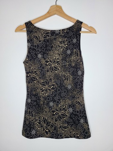 Top donna Talbots nero beige stampa floreale scollo a V senza maniche foderato seta taglia 4 - Foto 5 di 7