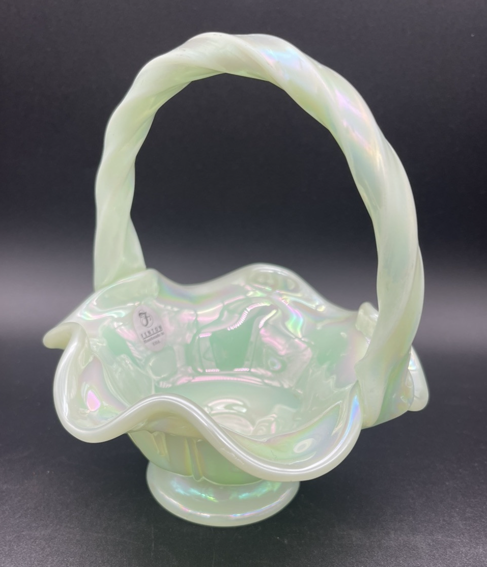 VTG Fenton Art Glass Green Jadeite Sea Foam Basket Iridescent 6